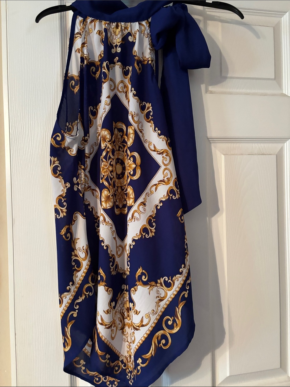 Women Navy and Gold Scarf-Print Halter Top with Bow.